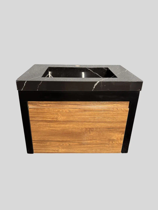 کابینت روشویی مدل C601 مشکی چوبی با صفحه پرسلان طرح سنگ