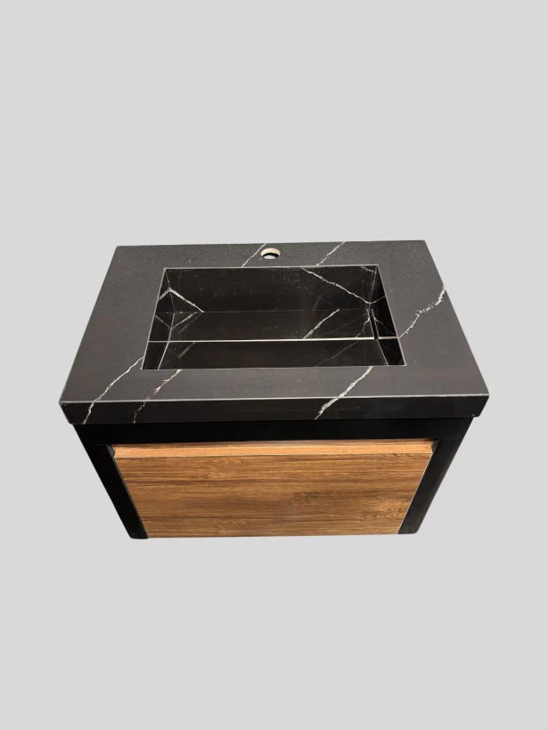 کابینت روشویی مدل C601 مشکی چوبی با صفحه پرسلان طرح سنگ