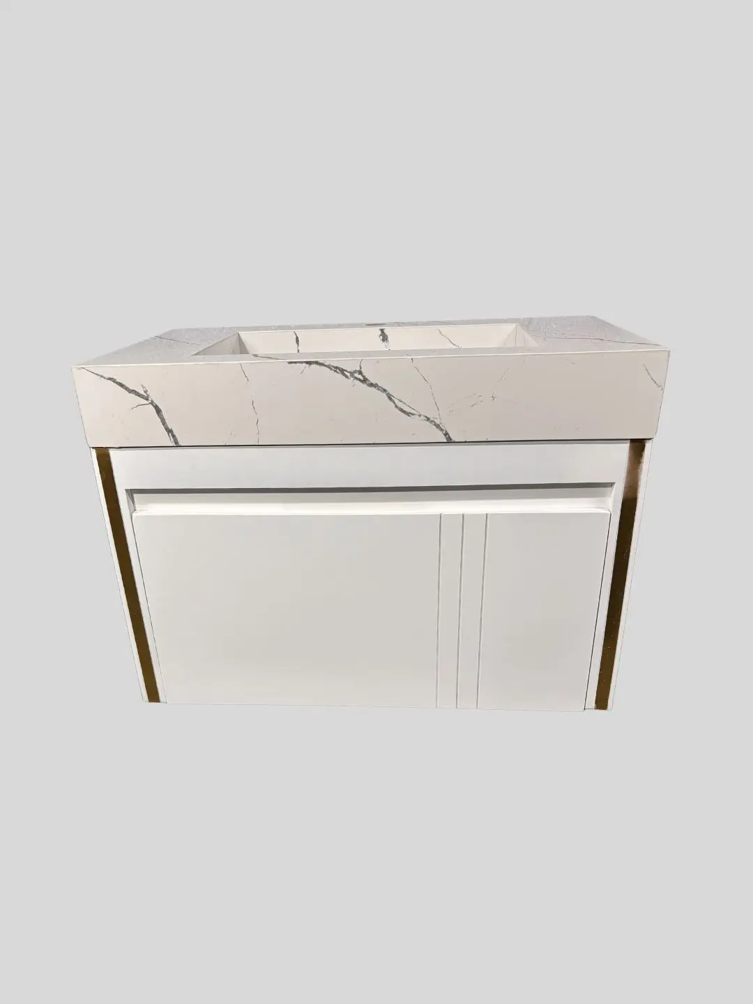 کابینت روشویی PVC مدل C601 سفید طلایی با صفحه پرسلان طرح سنگ رگه‌دار