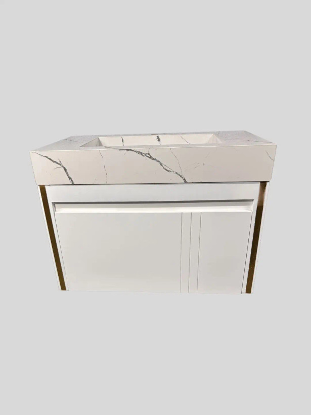 کابینت روشویی PVC مدل C601 سفید طلایی با صفحه پرسلان طرح سنگ رگهدار