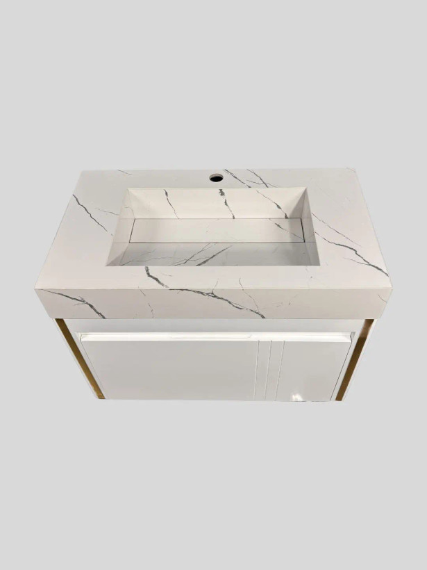 کابینت روشویی PVC مدل C601 سفید طلایی با صفحه پرسلان طرح سنگ رگهدار