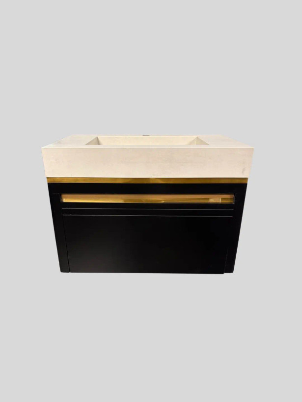 کابینت روشویی PVC مدل C701 مشکی با صفحه پرسلان سفید و جزئیات طلایی
