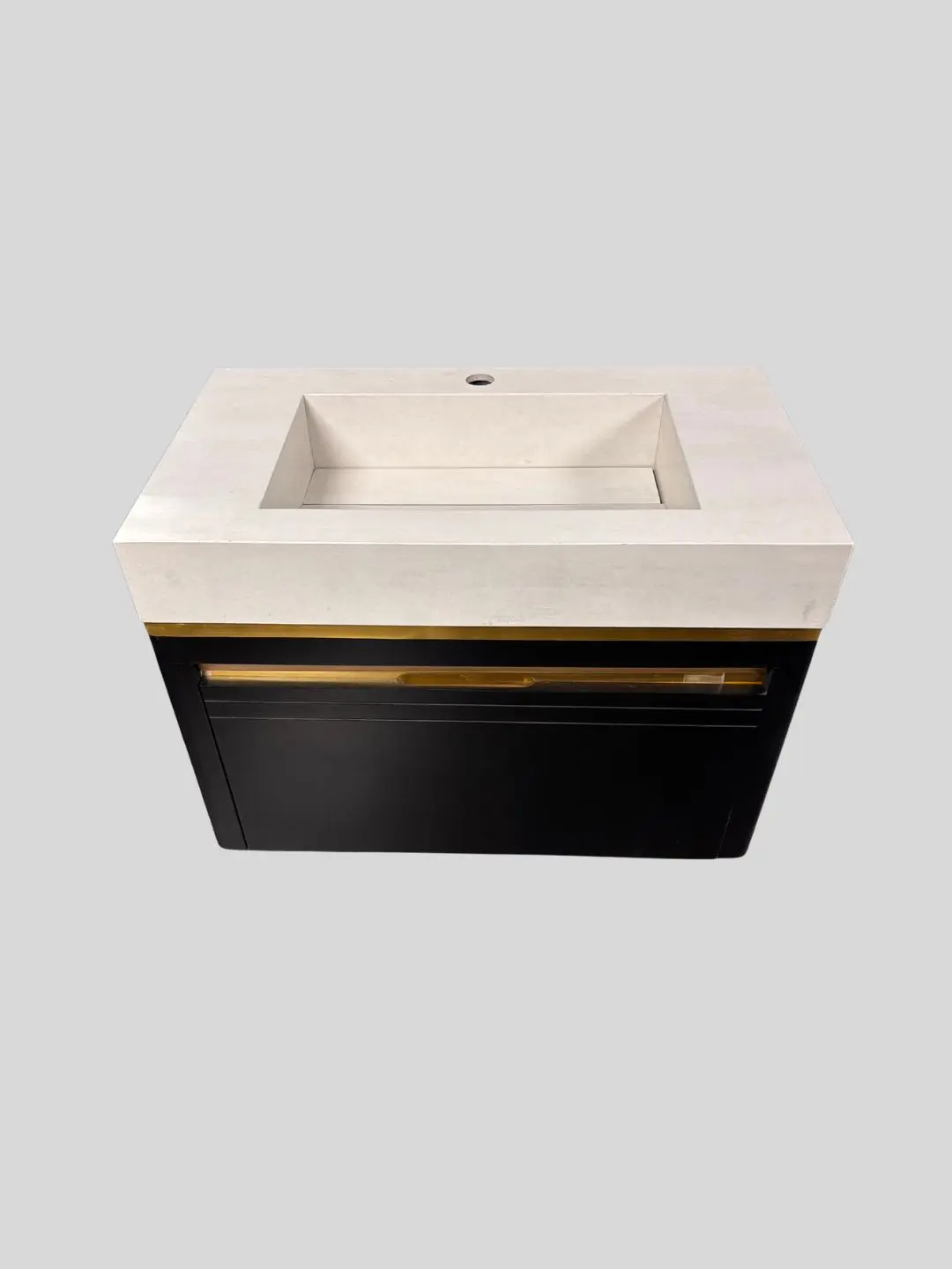 کابینت روشویی PVC مدل C701 مشکی با صفحه پرسلان سفید و جزئیات طلایی